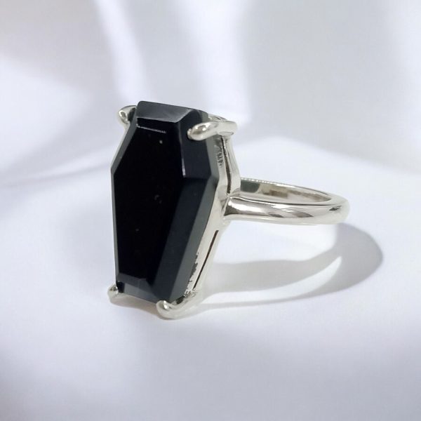 Gothic Black Onyx Coffin Solitaire 925 Sterling Silver Ring – image 1