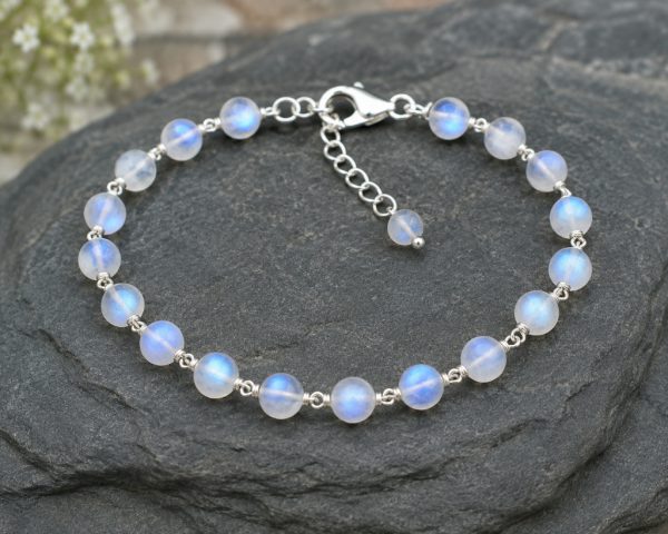 Natural Rainbow Moonstone Bead Chain Silver Bracelet – image 1