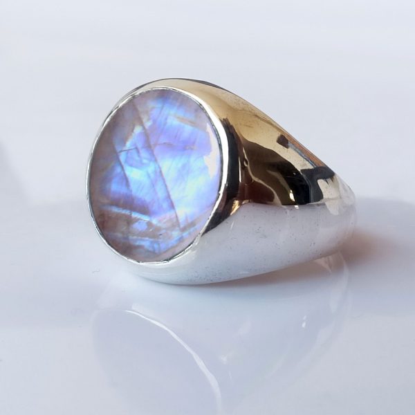 Natural Rainbow Moonstone Beveled Silver Signet Ring – image 1