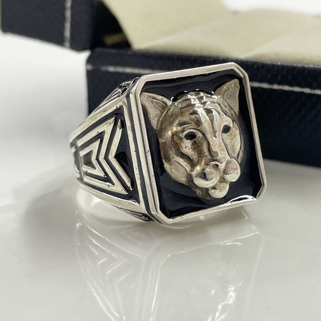 3D Sculpted Panther Puma Head Black Onyx Silver Ring