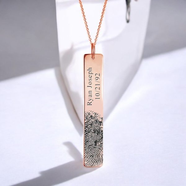 Personalized Fingerprint & Date Engraved Rose Gold Bar Pendant – image 1