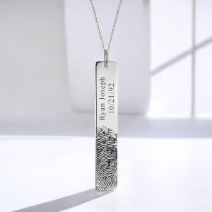 Personalized Custom Fingerprint & Name Engraved Silver Bar Pendant