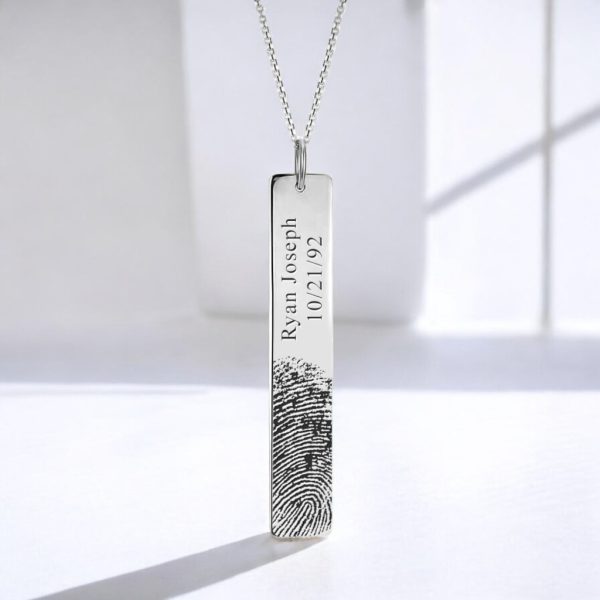 Personalized Custom Fingerprint & Name Engraved Silver Bar Pendant – image 1