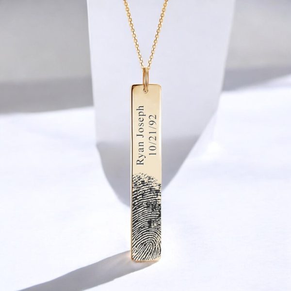 Personalized Fingerprint & Name Engraved Yellow Gold Bar Pendant – image 1